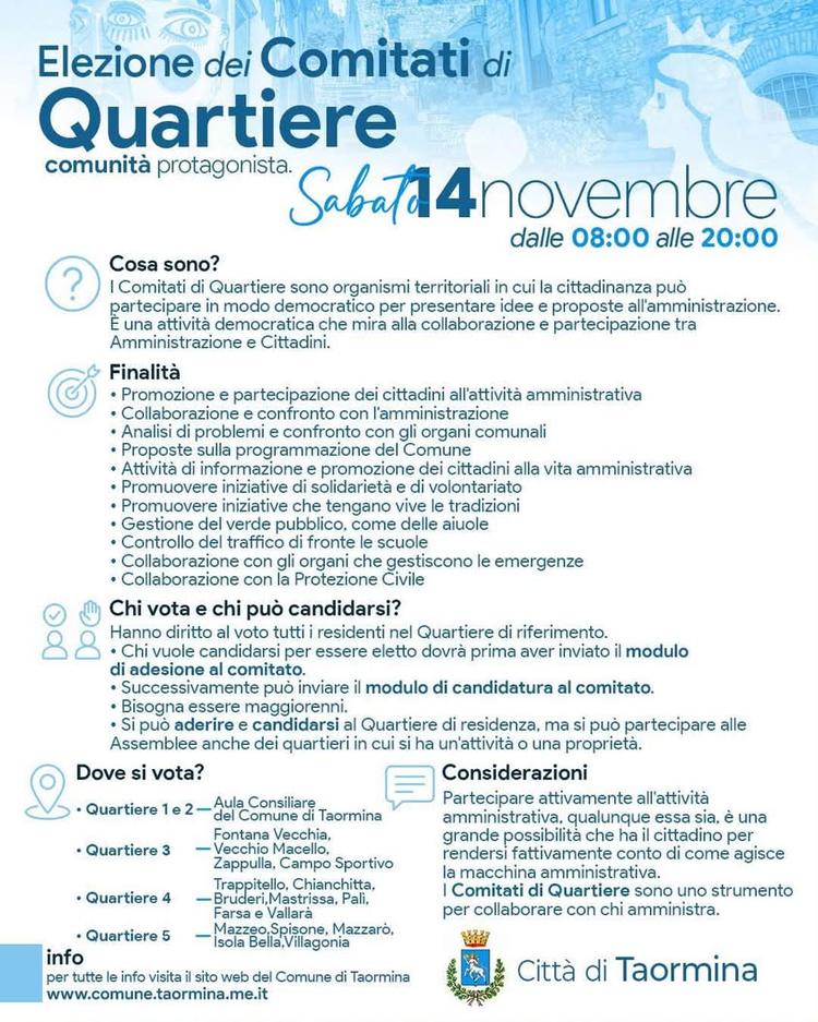 ELEZIONI DEI COMITATI DI QUARTIERE: NUOVA DATA IL 14 NOVEMBRE Con Decreto Sindacale n. 25 del 7 ottobre 2026, le elezion...