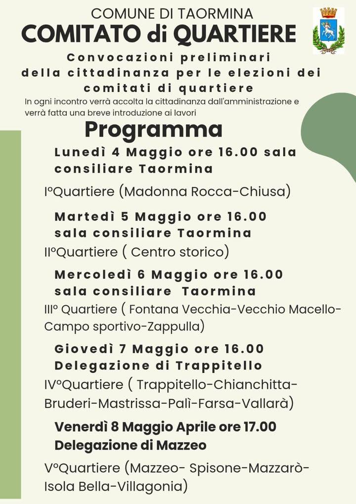 Il Comune di Taormina avvia le convocazioni preliminari della cittadinanza in vista delle elezioni dei Comitati di Quart...