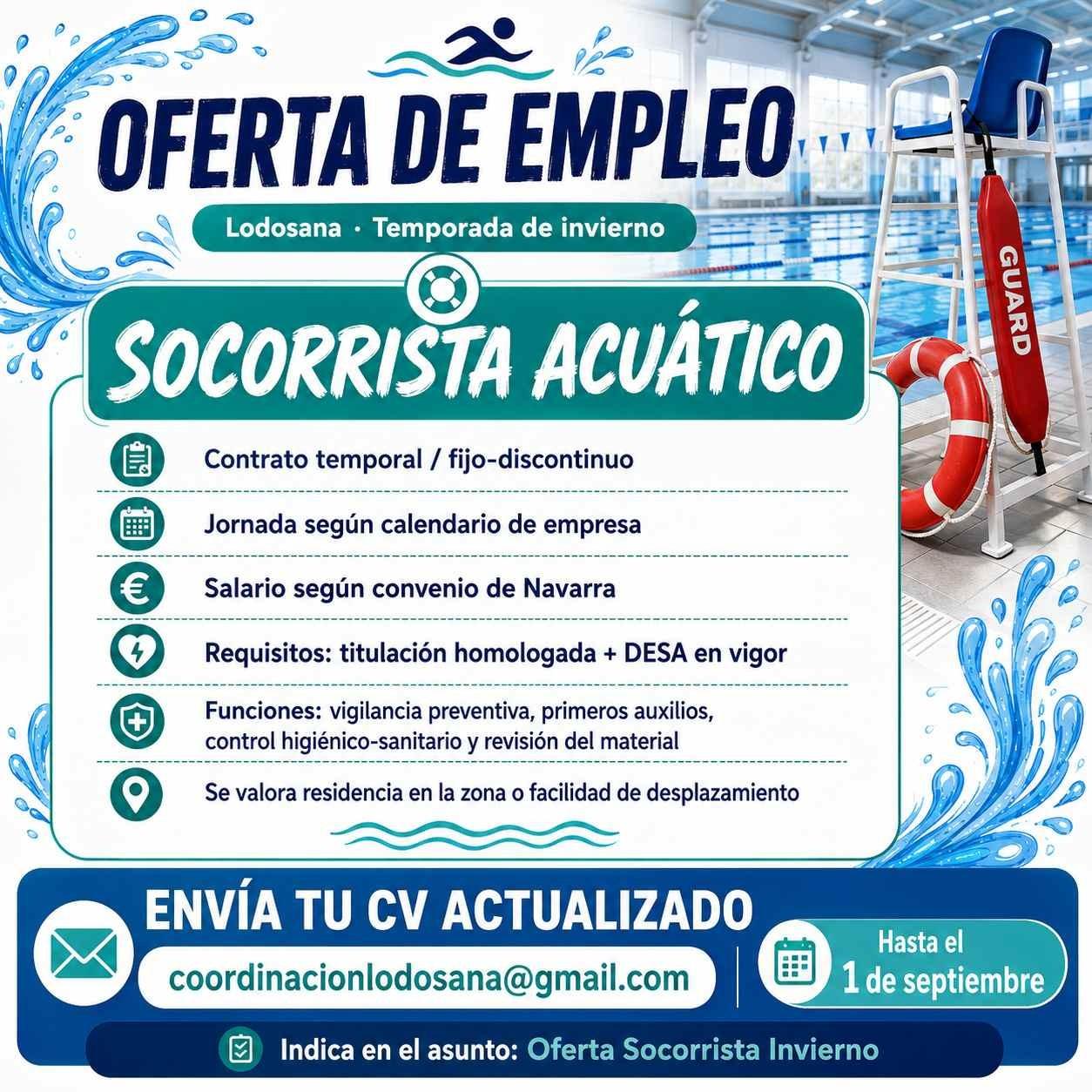 OFERTA EMPLEO-SOCORRISTA ACUÁTICO PARA TEMPORADA INVIERNO LODOSANA