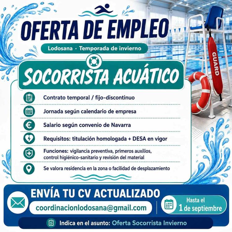 OFERTA EMPLEO-SOCORRISTA ACUÁTICO PARA TEMPORADA INVIERNO LODOSANA
