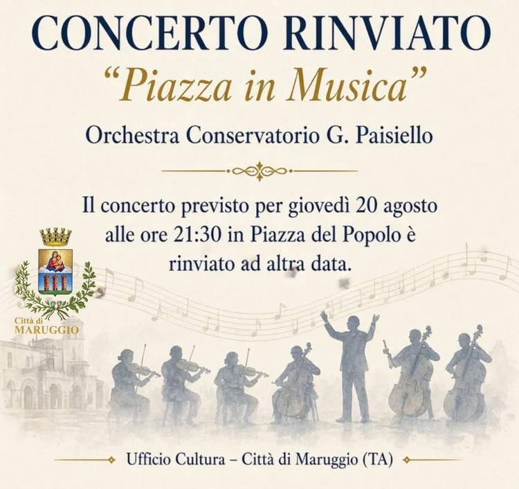 EVENTI: Si comunica che il concerto previsto per questa sera in Piazza del Popolo è rinviato ad altra data.