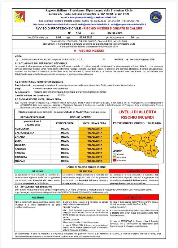 Giovedì 06/08/2026, PERICOLOSITA' INCENDI MEDIA su tutte le province, dichiarato livello di PREALLERTA RISCHIO INCENDI s...