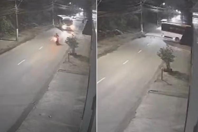 Motociclista fica ferido após bater em ônibus no litoral de SP; VÍDEO