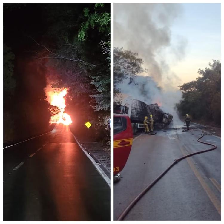 Carretas pegam fogo após acidente na BR-251 e motorista morre carbonizado