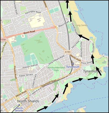 Part 6 of the Whitley Bay & Back Seaside Cycle following National Cycle Route 72 Hadrian's Way onto National Cycle Route 1 passed Tynemouth and Long Sands