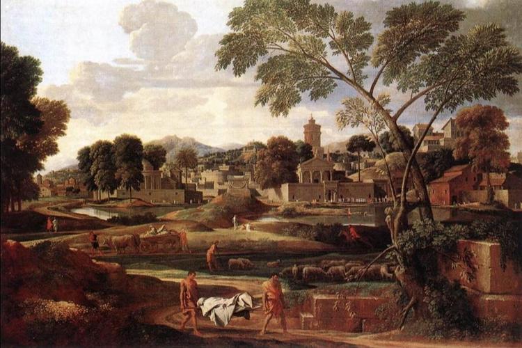 A classical painting by Nicolas Poussin depicting the solemn burial of Phocion, surrounded by mourners in a serene landscape.