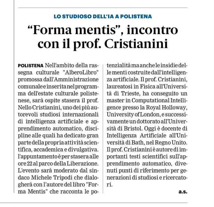 Stasera a Polistena ore 22 al parco della Liberazione un evento di alto spessore culturale. Il prof. Cristianini a Polis...