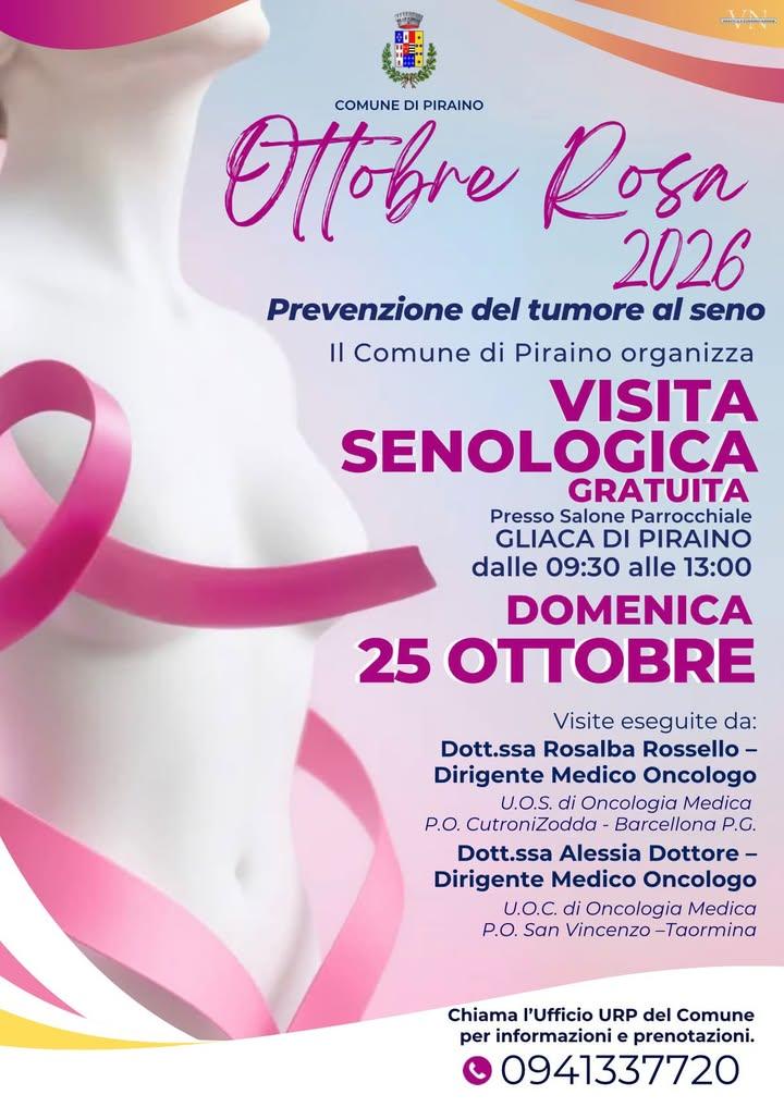 📌OTTOBRE ROSA 2026  In occasione del mese dedicato alla prevenzione del tumore al seno, il Comune di Piraino promuove p...