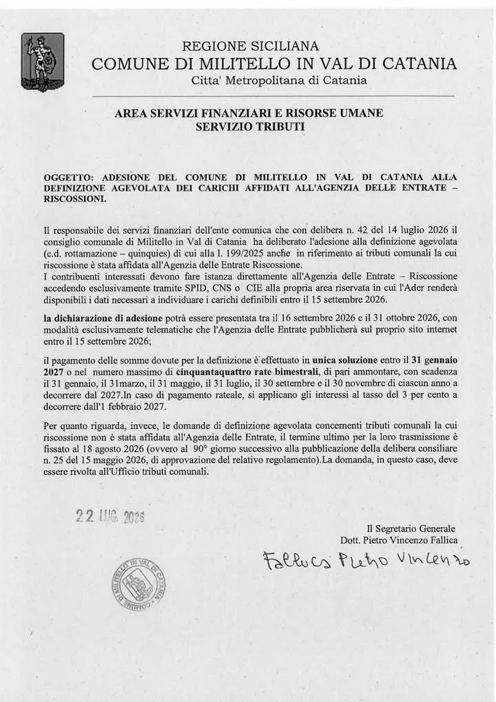 Si pubblica il presente Avviso avente come oggetto: Adesione del Comune di Militello In Val di Catania alla Definizione...