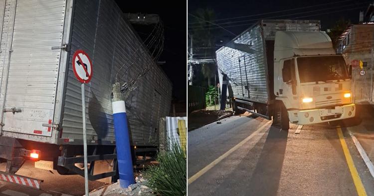 Caminhão derruba poste após colisão no bairro Ariribá, em Balneário Camboriú