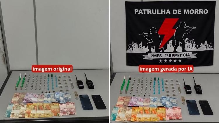 Polícia do ES aumenta quantidade de munição e altera modelo de celular apreendido em imagens geradas por IA; veja comparações