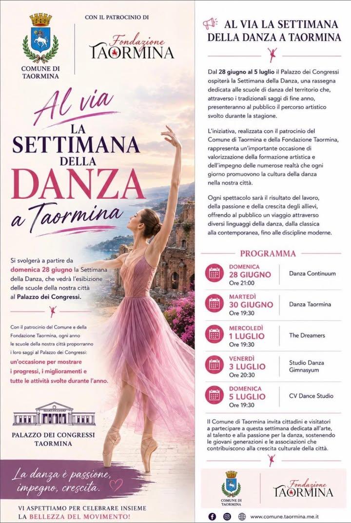 💃 TAORMINA CELEBRA LA DANZA Dal 28 giugno al 5 luglio, il Palazzo dei Congressi ospiterà la Settimana della Danza, una...
