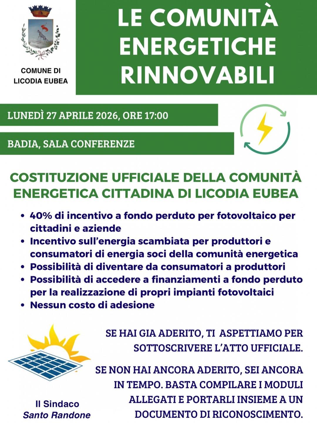 🌱 𝐍𝐚𝐬𝐜𝐞 𝐥𝐚 𝐂𝐨𝐦𝐮𝐧𝐢𝐭𝐚̀ 𝐄𝐧𝐞𝐫𝐠𝐞𝐭𝐢𝐜𝐚 𝐑𝐢𝐧𝐧𝐨𝐯𝐚𝐛𝐢𝐥𝐞 𝐝𝐢 𝐋𝐢𝐜𝐨𝐝𝐢𝐚 𝐄𝐮𝐛𝐞𝐚! Il Comu...