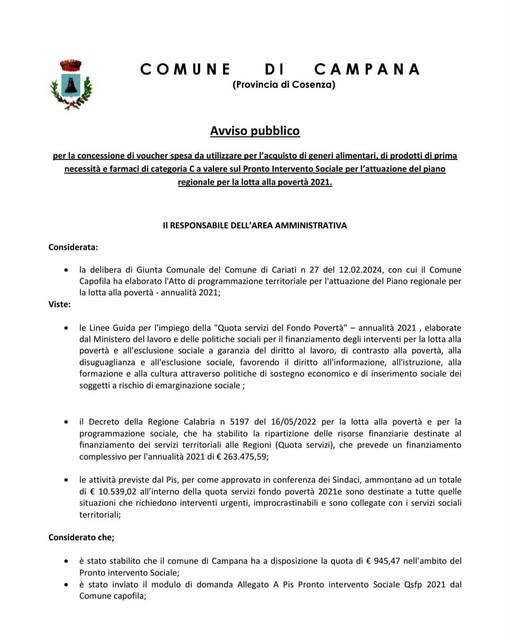 AVVISO PUBBLICO per la concessione di voucher spesa dal valore di 100,00 euro (per persona o nucleo familiare). Destinat...