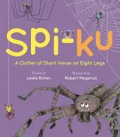 Book cover - 2 spiders in webs on upper corners, a spider dangling down left side, and a large spider on bottom right corner.