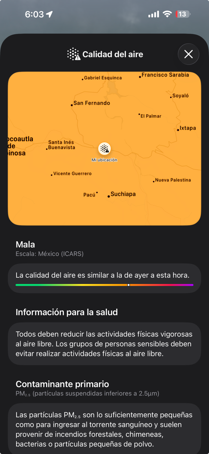 Calidad del aire a las 6:00 pm en Tuxtla Gutiérrez
