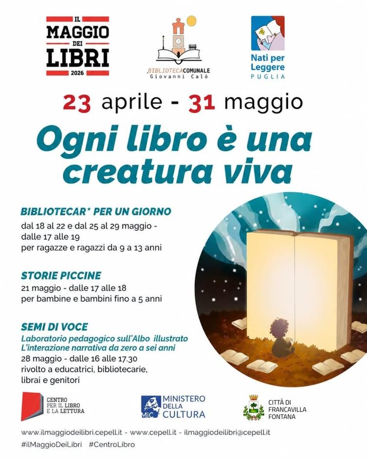 📚 La Biblioteca Comunale "Giovanni Calò" partecipa al Maggio dei Libri 2026 con tre appuntamenti per tutte le età, a pa...