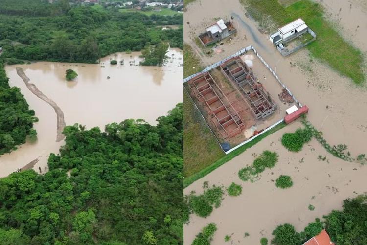 Imagem aérea mostra áreas alagadas após cheia do Rio Guareí no interior de SP