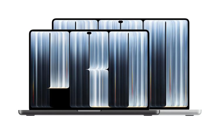 A macbook pro with a trippy wallpaper screen