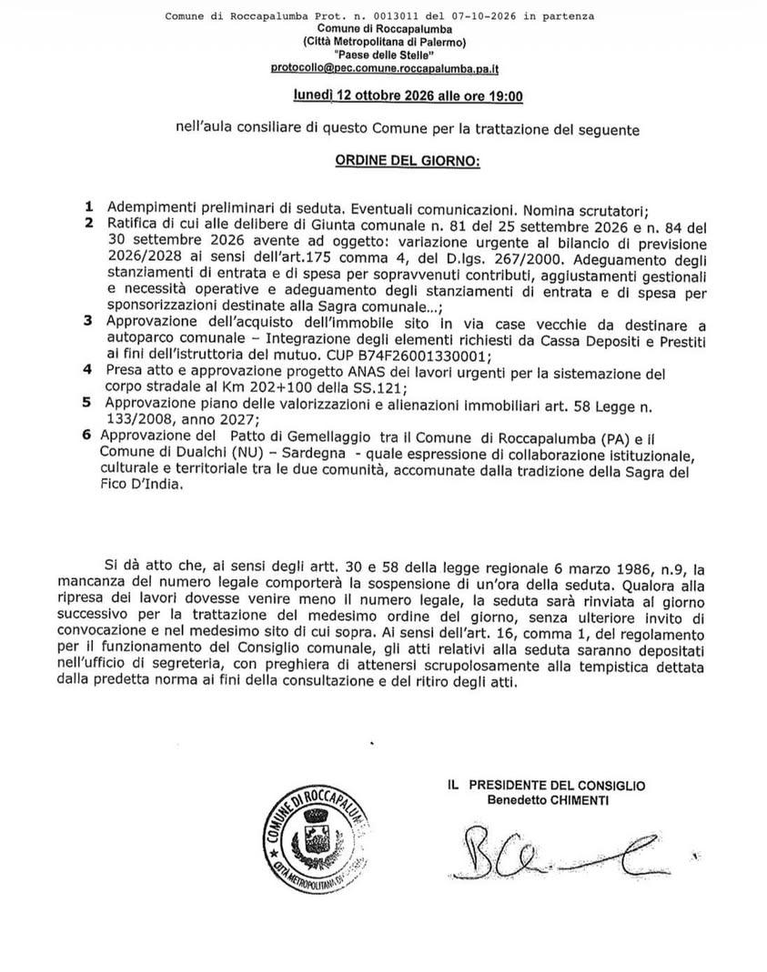 Convocazione Consiglio Comunale https://roccapalumba.civicam.it/live29-Consiglio-comunale-d…