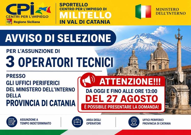 Per tutte le info e modulistica rivolgersi presso lo Sportello di Collocamento C.P.I sede di Militello In Val di Catania...