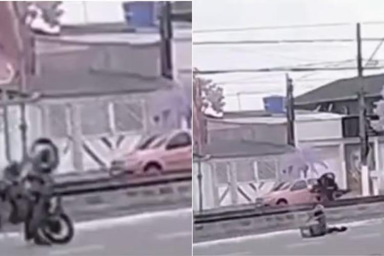 Motociclista perde o controle durante ‘grau’ e veículo cai dentro do canal no litoral de SP; VEJA
