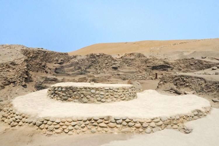 A restored view of the stone-built platform at Áspero, Peru
