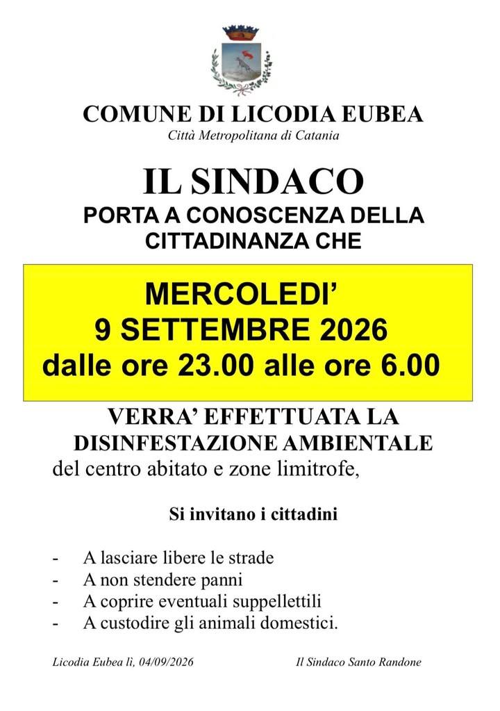AVVISO DISINFESTAZIONE  Mercoledì 9 settembre