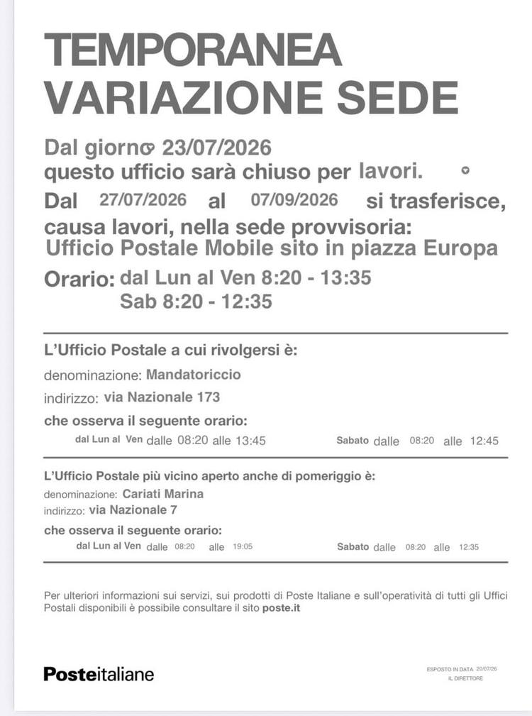 UFFICIO POSTALE: AVVISO Si comunica che dal 23 al 25 Luglio 2026, l’UFFICIO POSTALE sarà chiuso per lavori. Dal 27 Lugli...