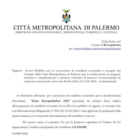 L’Amministrazione Comunale è lieta di informare la cittadinanza che il Comune di Roccapalumba è risultato beneficiario d...