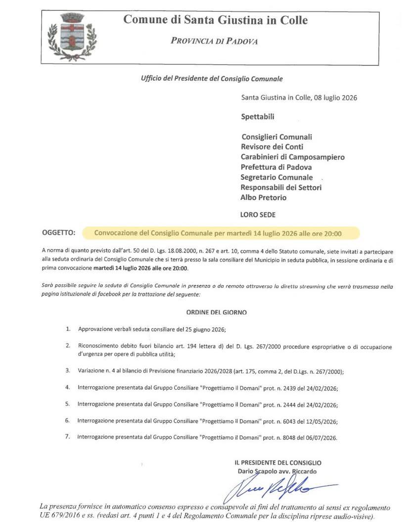🏫 Si comunica ai cittadini che il prossimo Consiglio Comunale si terrà martedì 14 luglio 2026 alle ore 20.00 presso la...
