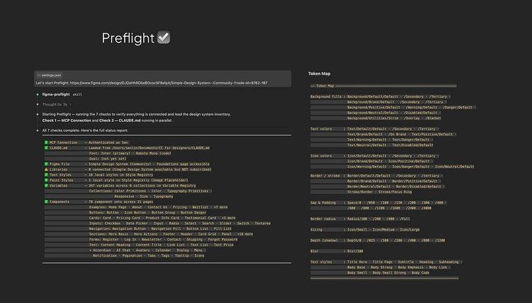 Preflight check output showing all 7 checks passed: MCP connection, CLAUDE.md, Figma file access, libraries, 16 text styles, 347 variables, and 78 component sets. Right side displays the generated Token Map listing available tokens for backgrounds, text colors, spacing, border radius, and text styles.