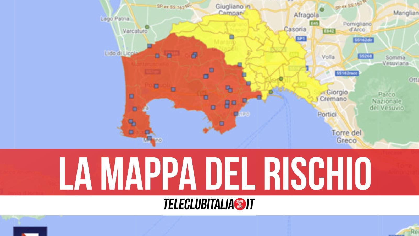 Mappa Campi Flegrei, elenco dei comuni in zona rossa e in zona gialla