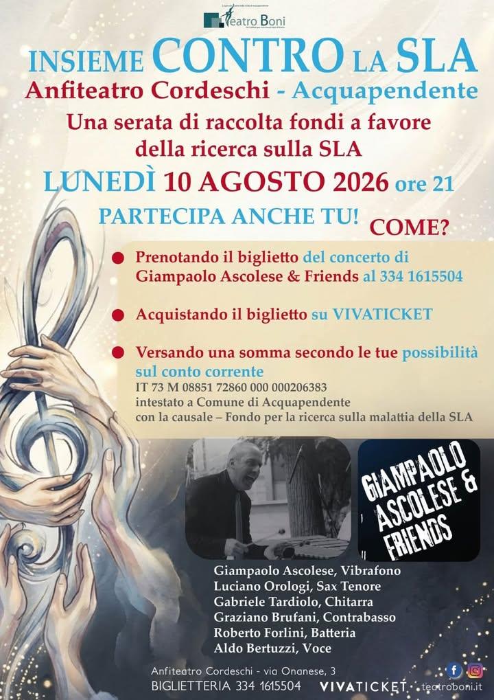 📆Lunedì 10 agosto, all’Anfiteatro Cordeschi, una serata di musica e solidarietà a sostegno della ricerca contro la SLA....