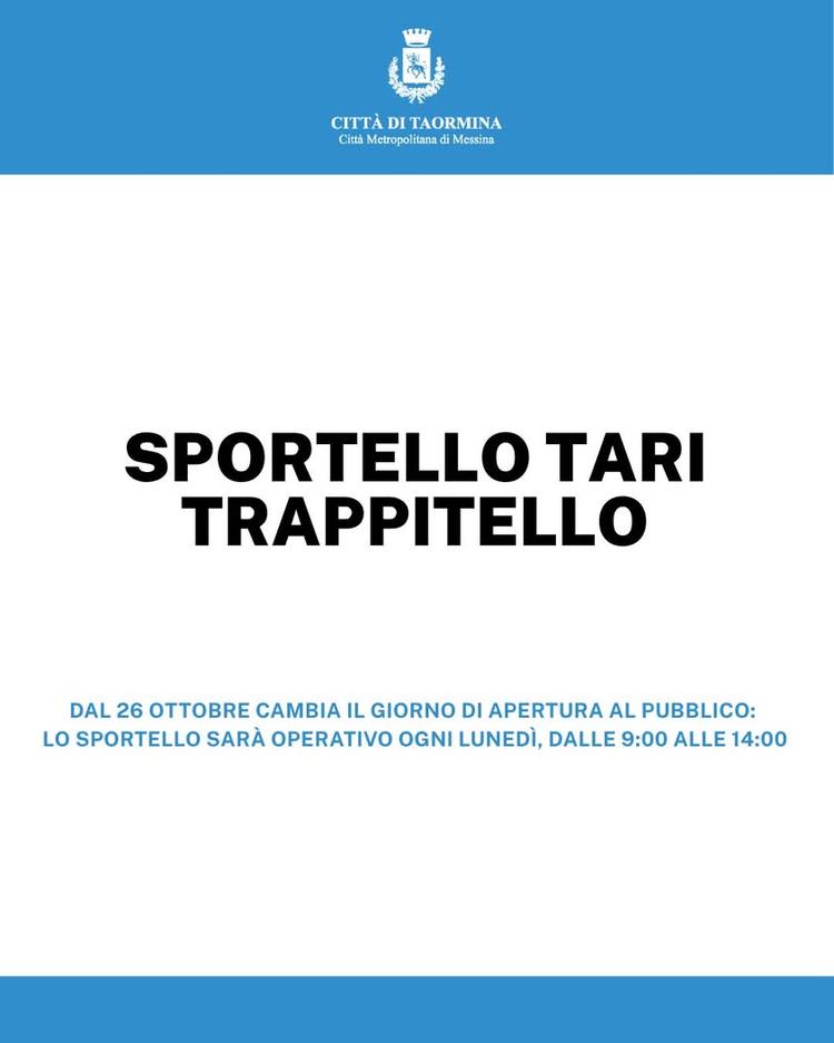 📢 AVVISO ALLA CITTADINANZA | SPORTELLO TARI TRAPPITELLO Si informa la cittadinanza che, a partire da lunedì 26 ottobre...