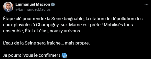 Emmanuel Macron confirme qu’il se baignera dans la Seine pour les JO