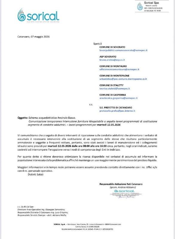 Comunicazione temporanea interruzione fornitura idropotabile a seguito lavori programmati di sostituzione segmento di co...