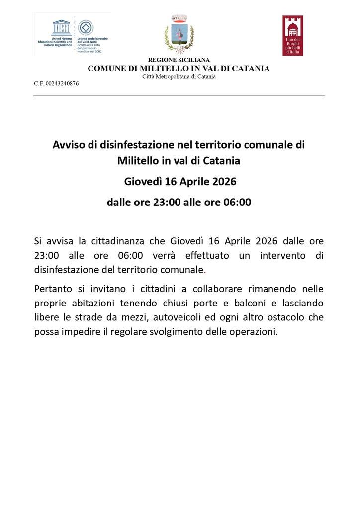 Avviso di disinfestazione nel territorio comunale di Militello In Val di Catania Giovedì 16 Aprile 2026 dalle ore 23:00...