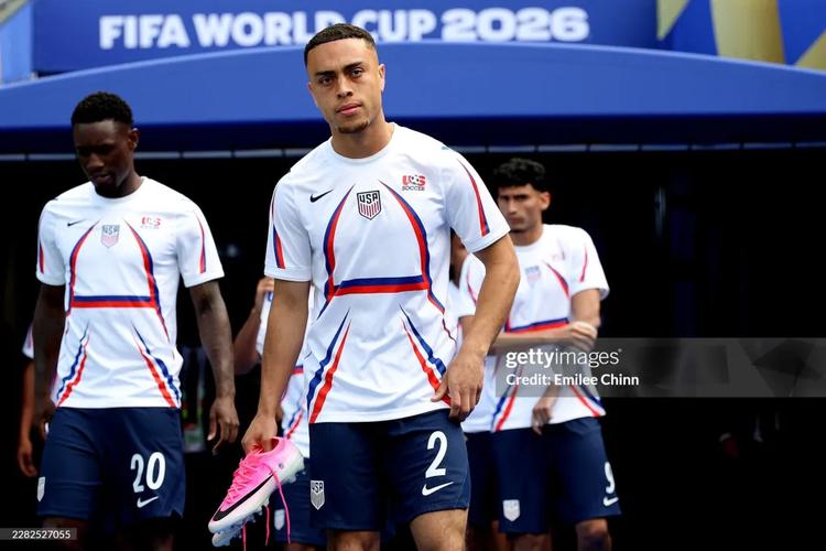 Team USA Sergino Dest #2 of the United States walks out for the warm up before the FIFA World Cup 2026 Group D match between USA and Australia at Seattle Stadium on June 19, 2026 in Seattle, Washington. His father was born in Suriname.