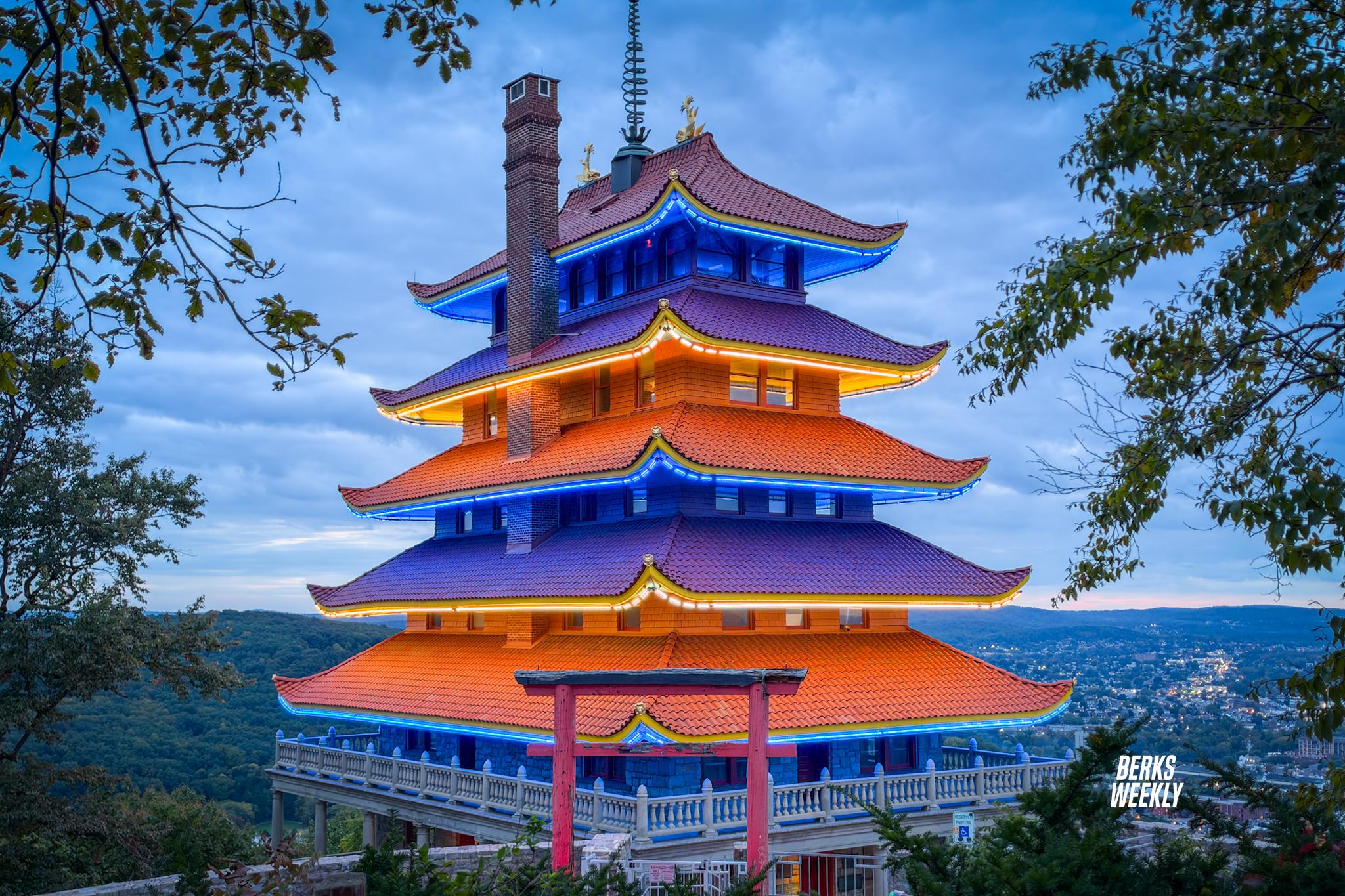 Reading Pagoda and City Hall shine blue and white for Oktoberfest