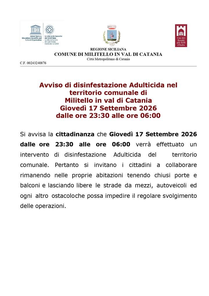 Avviso di disinfestazione Adulticida nel territorio comunale di Militello - Giovedì 17 Settembre 2026 dalle ore 23:30 al...