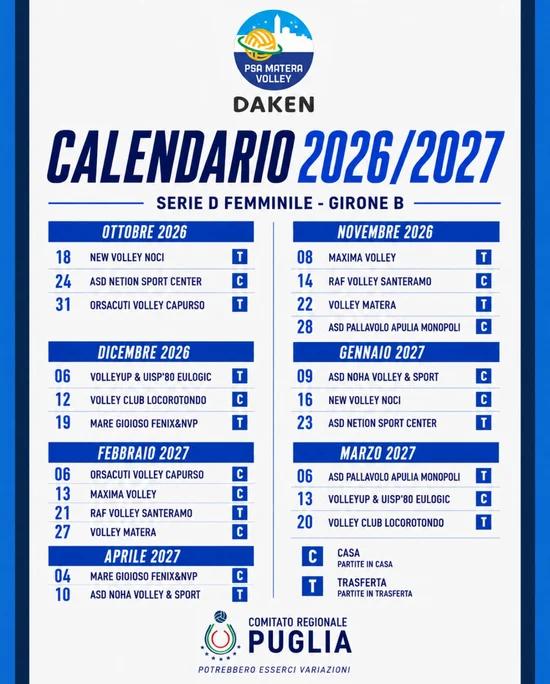 Volley D/F, Psa Matera: ecco il calendario della nuova stagione 2026/27
