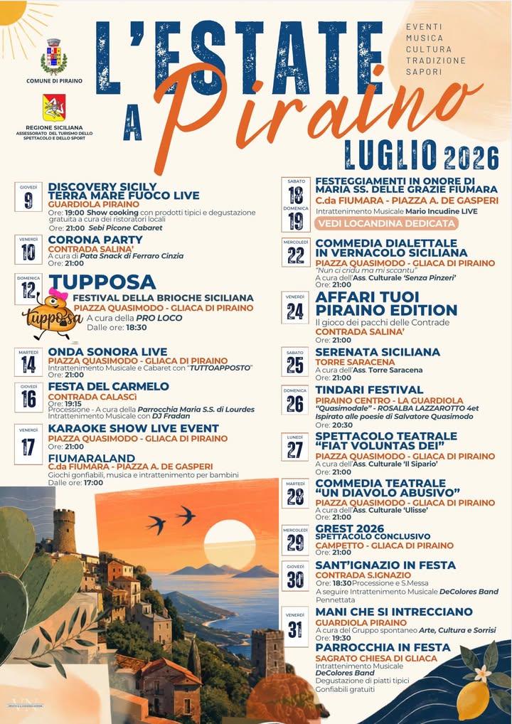 ☀️ L’Estate a Piraino – Luglio 2026 È arrivato il calendario eventi Luglio 2026. Musica, spettacoli, tradizioni, teatro,...