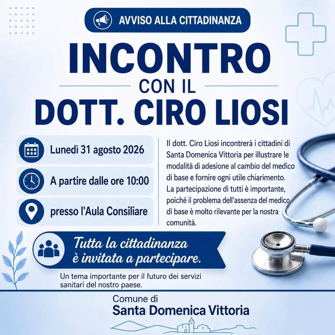 🩺 INCONTRO CON IL DOTT. CIRO LIOSI Lunedì 31 agosto 2026, a partire dalle ore 10:00, presso l’Aula Consiliare, il dott....