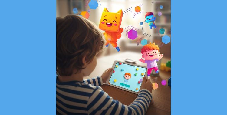  Das Bild zeigt ein Kind, das ein Tablet betrachtet aus dem bunte und farbenfrohe Figuren springen. 