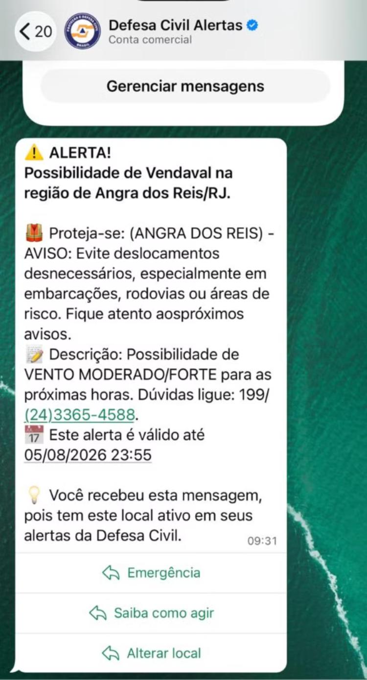 Defesa Civil alerta para possibilidade de vendaval para esta quarta-feira em Angra dos Reis