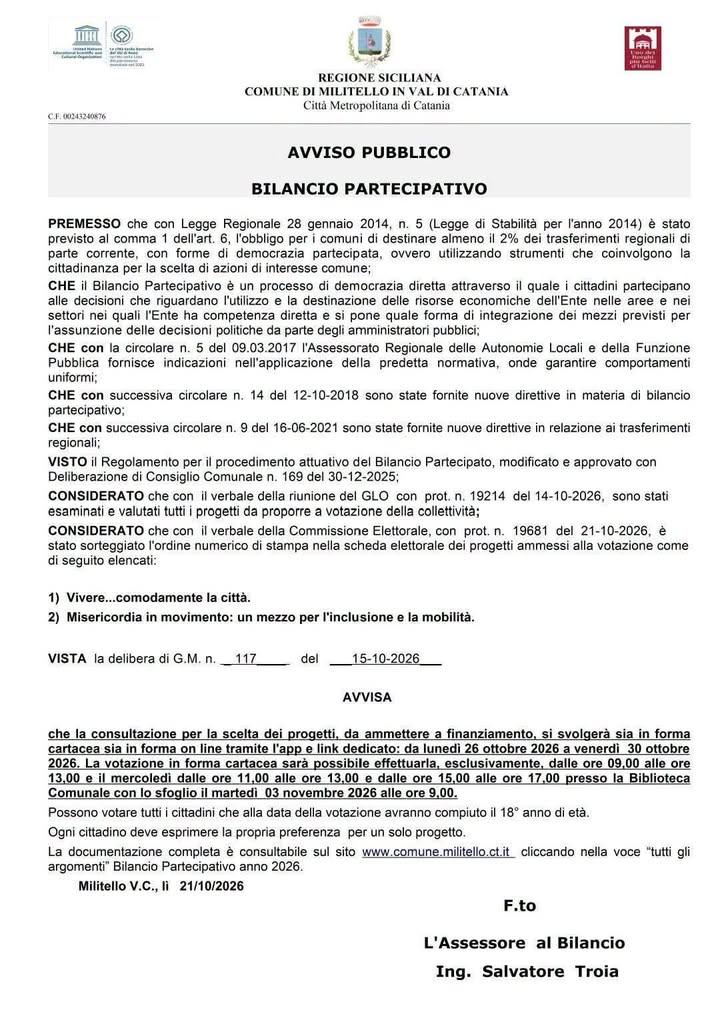 Con la presente news si avvisa la cittadinanza che la consultazione per la scelta dei progetti da ammettere a finanziame...