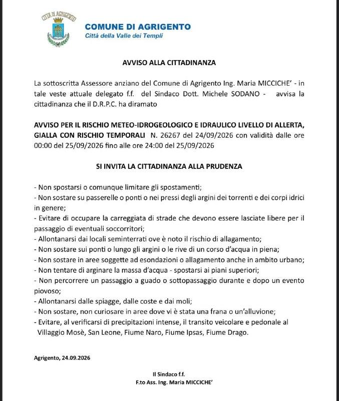 AVVISO PER IL RISCHIO METEO-IDROGEOLOGICO E IDRAULICO LIVELLO DI ALLERTA, GIALLA CON RISCHIO TEMPORALI (leggi l’avviso)