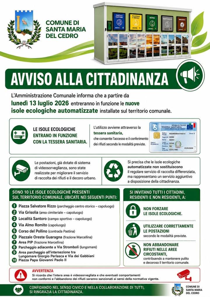 ++ AVVISO ALLA CITTADINANZA ++ L'Amministrazione Comunale informa che, a partire da lunedì 13 luglio 2026, entreranno in...