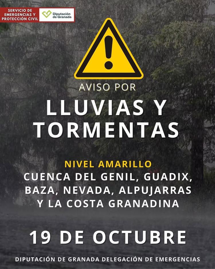 🟡 AVISO AMARILLO POR LLUVIAS Y TORMENTAS EN LA PROVINCIA DE GRANADA 🌧️ La Agencia Estatal de Meteorología (AEMET) ha a...